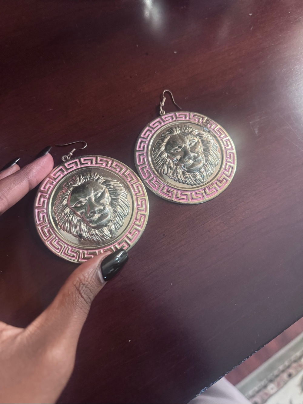 Gold Lion Medallion Drop Earrings with Pink Enamel Trim